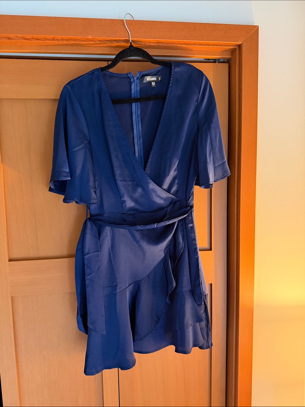 Missguided Navy Blue Satin Wrap Mini Dress